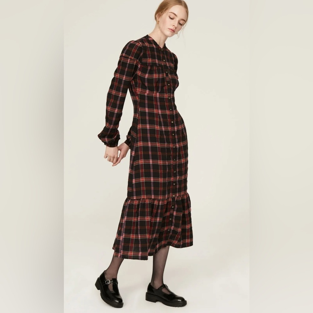 Pamela Love Plaid‎ Button Front Maxi Dress Sz XS Flounce Hem Cortagecore